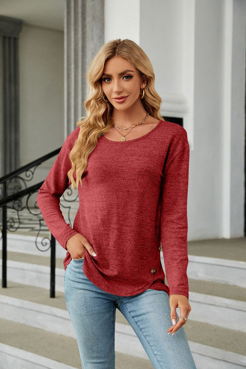 WOMEN ROUND NECK BUTTON DETAILED LONG SLEEVE TEE