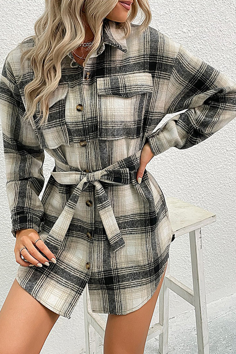 WOMEN LONG LENGTH PLAID PATTERN BELTED SHACKET