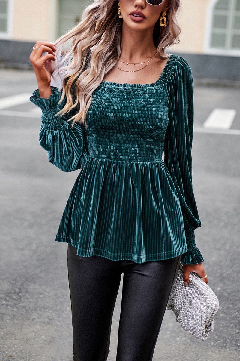 WOMEN SMOCKED CORDUROY RUFFLE SLEEVE TUNIC TOP