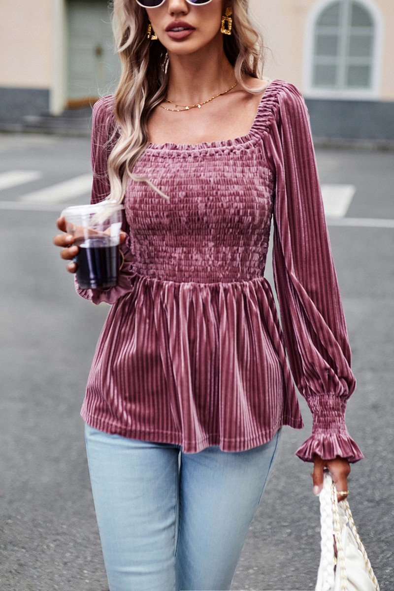 WOMEN SMOCKED CORDUROY RUFFLE SLEEVE TUNIC TOP