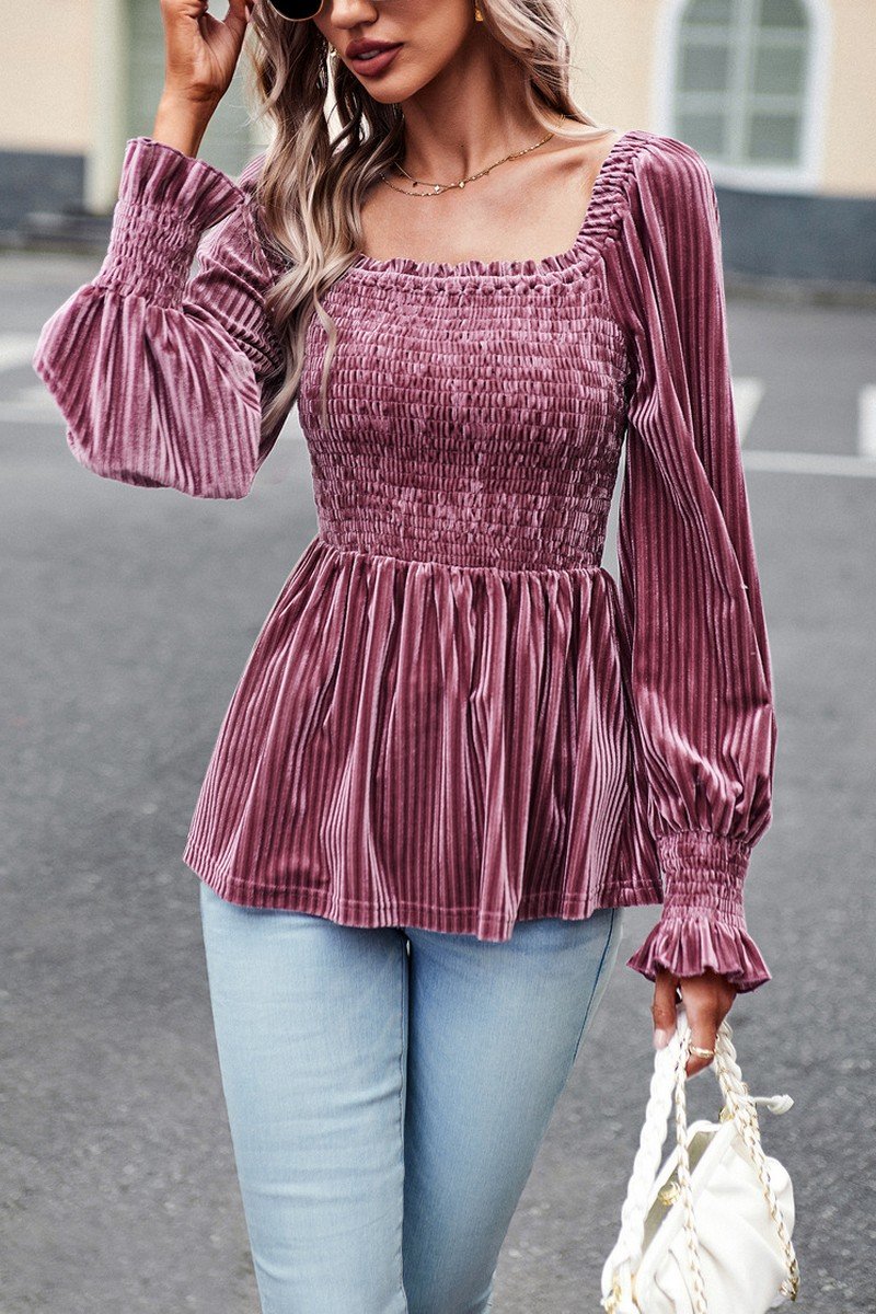 WOMEN SMOCKED CORDUROY RUFFLE SLEEVE TUNIC TOP