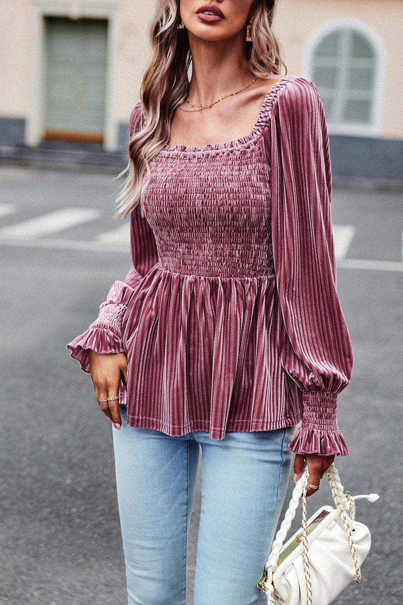 WOMEN SMOCKED CORDUROY RUFFLE SLEEVE TUNIC TOP