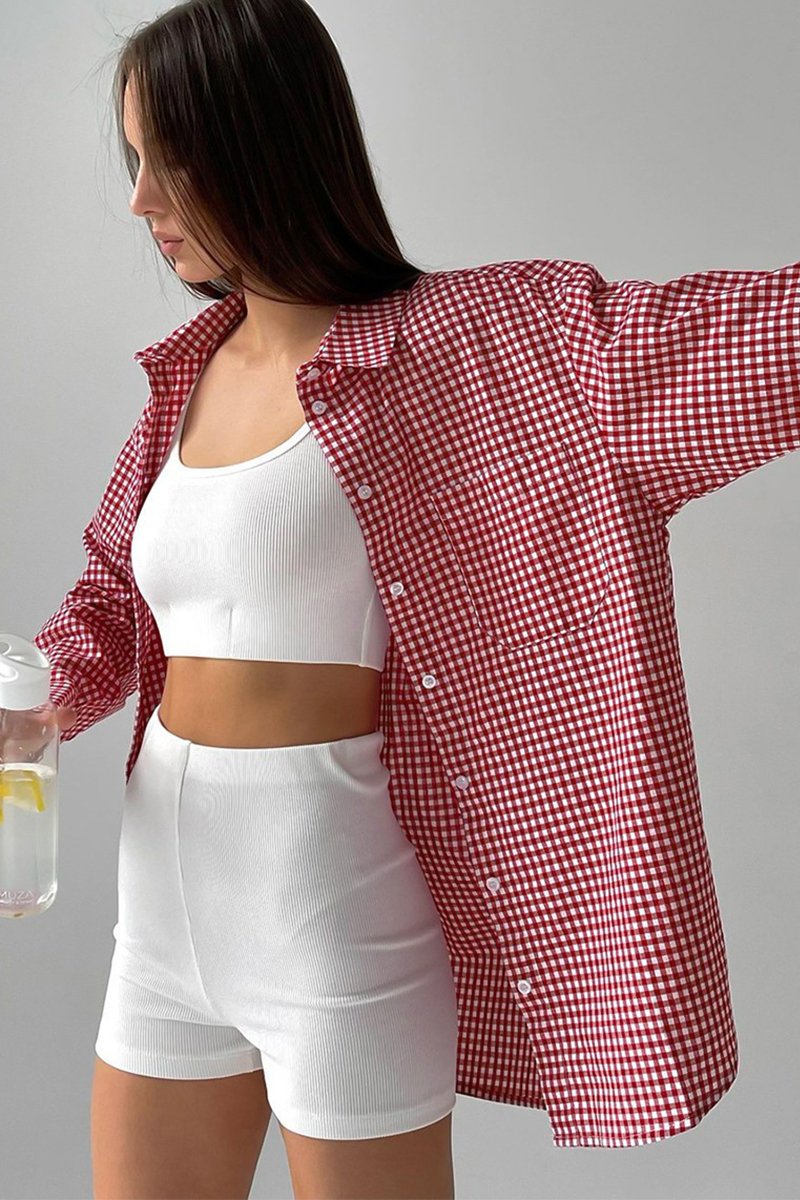 WOMEN DAILY BASIC PLAID RED BUTTON DOWN SHIRTS