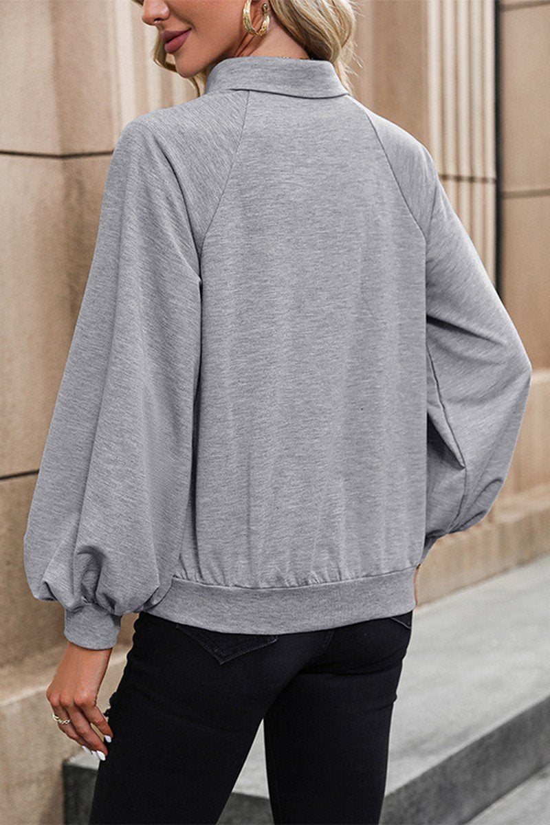 WOMEN OVERSIZED WIDE SLEEVE HENLEY NECK PULLOVER