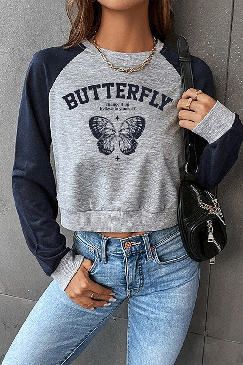 WOMEN BUTTERFLY PRINTING LONG SLEEVE CROP T SHIRT