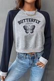 WOMEN BUTTERFLY PRINTING LONG SLEEVE CROP T SHIRT