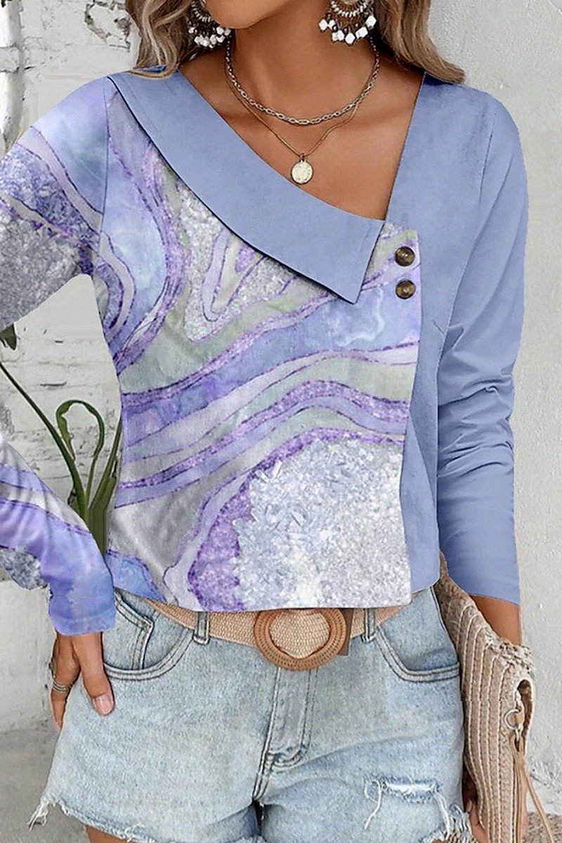 WOMEN MARBLE PRINT V NECK LONG SLEEVE T SHIRT