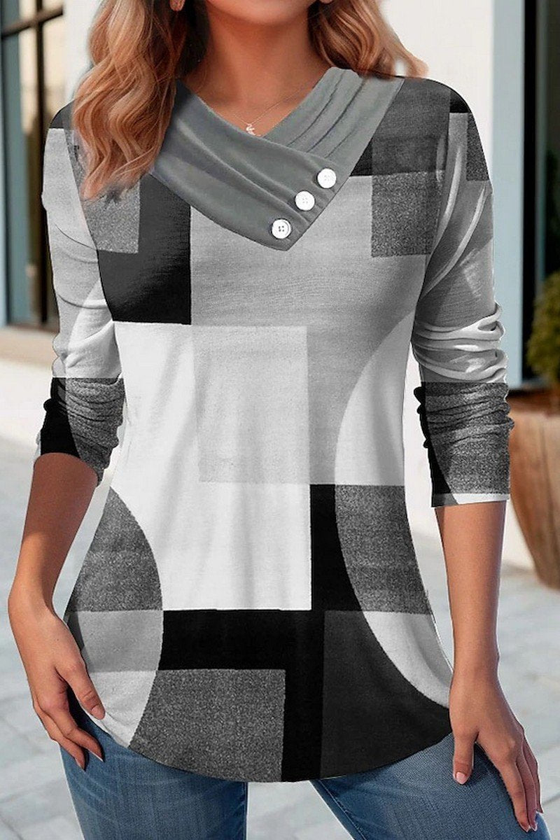 WOMEN GEOMETRY PATTERN V NECK CASUAL T SHIRT