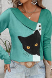 WOMEN CUTE CAT PRINTING BUTTON DETAILED T SHIRT