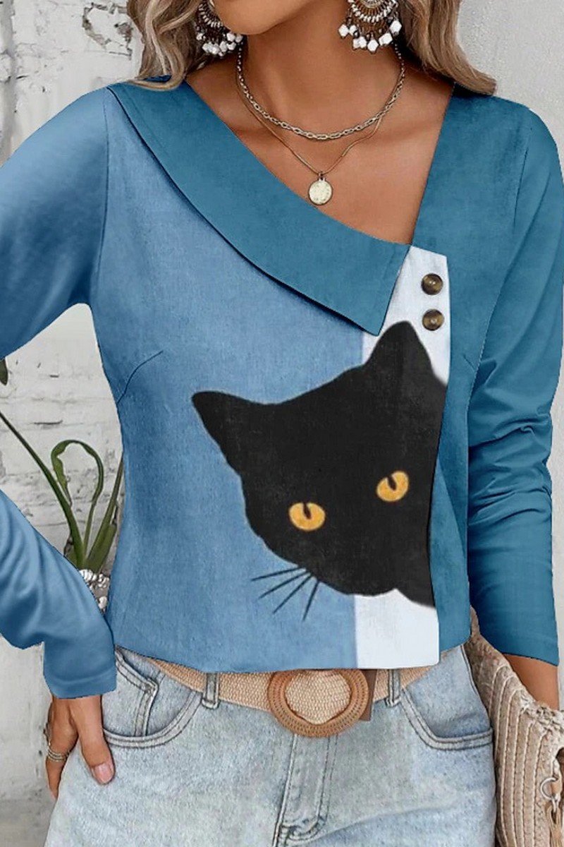 WOMEN CUTE CAT PRINTING BUTTON DETAILED T SHIRT