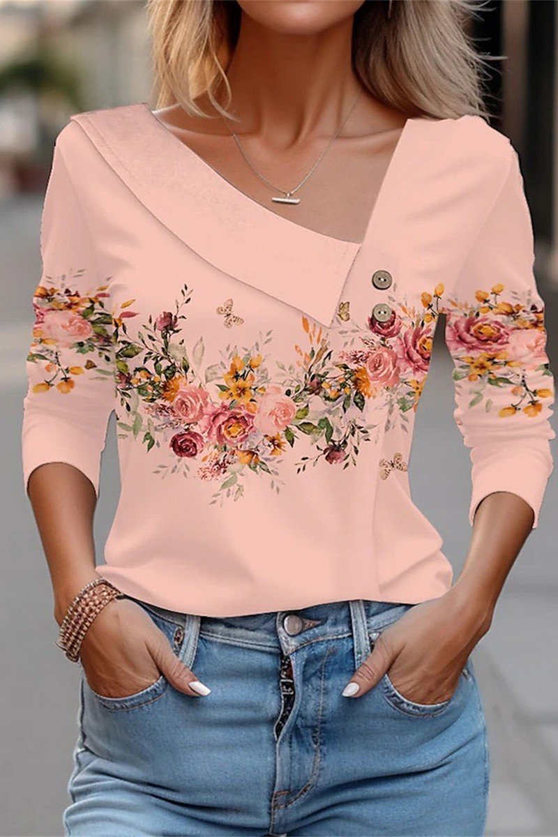 WOMEN ELEGANT V NECK 3D FLORAL PRINTING T SHIRT