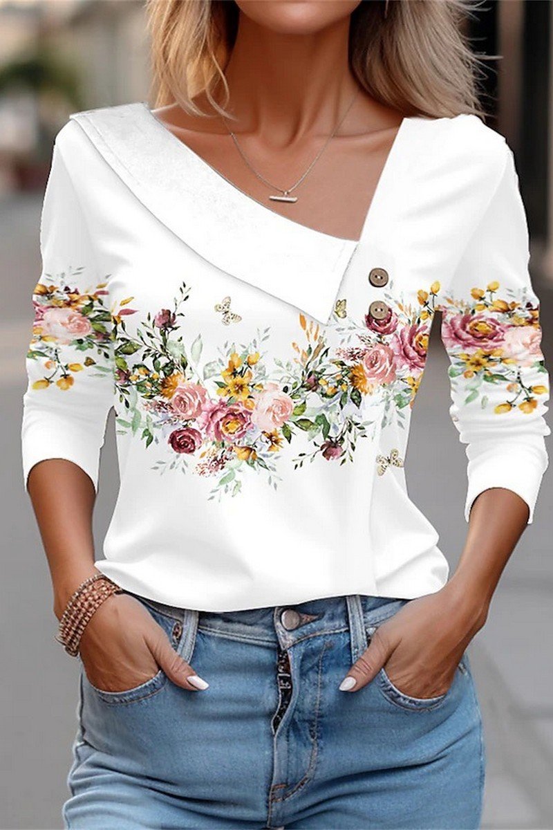 WOMEN ELEGANT V NECK 3D FLORAL PRINTING T SHIRT