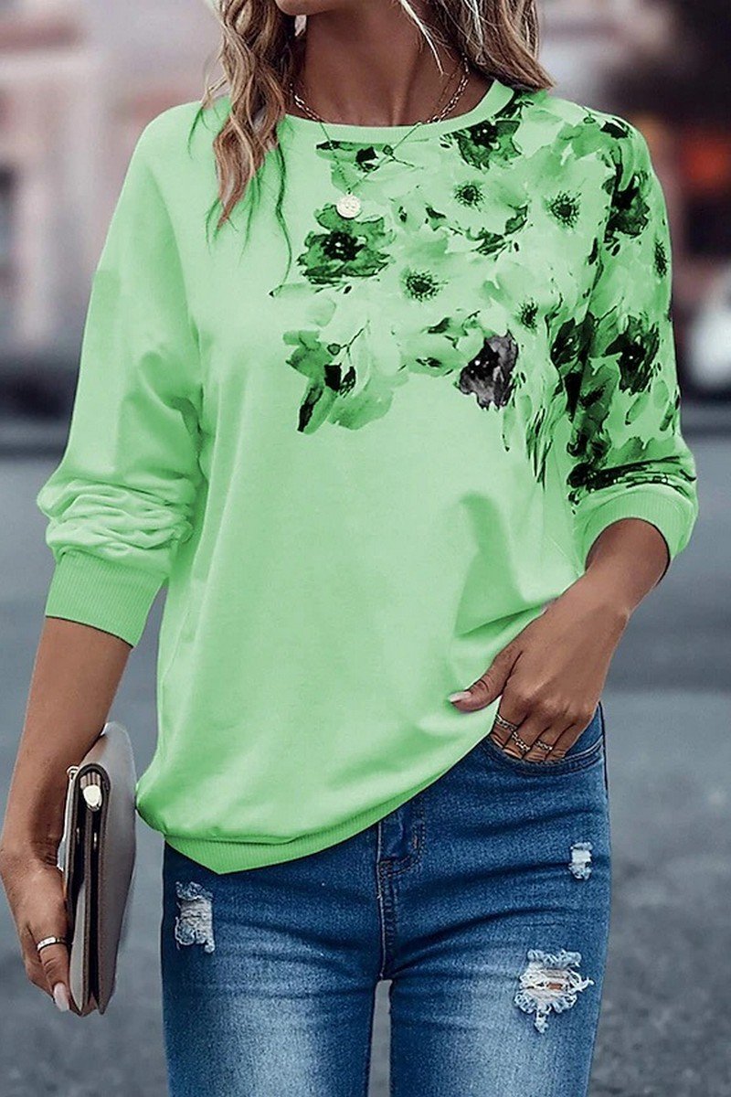 WOMEN ROUND NECK FLORAL PRINTING LONG SLEEVE TOP