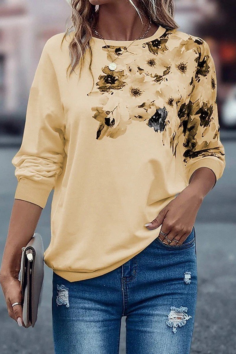 WOMEN ROUND NECK FLORAL PRINTING LONG SLEEVE TOP