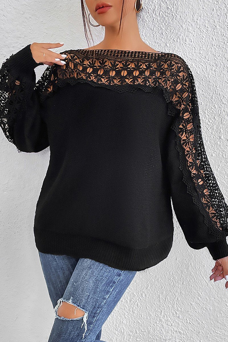 WOMEN ELEGANT LACE TRIM LONG SLEEVE SEXY T SHIRT