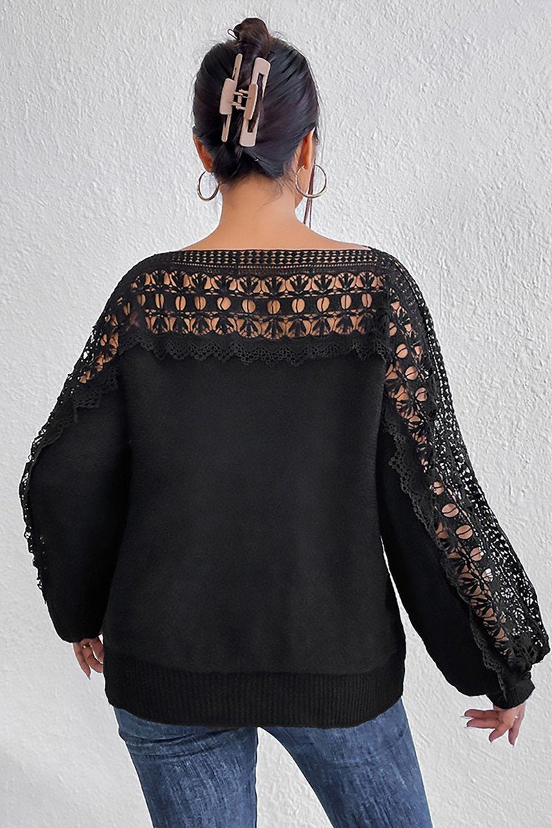 WOMEN ELEGANT LACE TRIM LONG SLEEVE SEXY T SHIRT