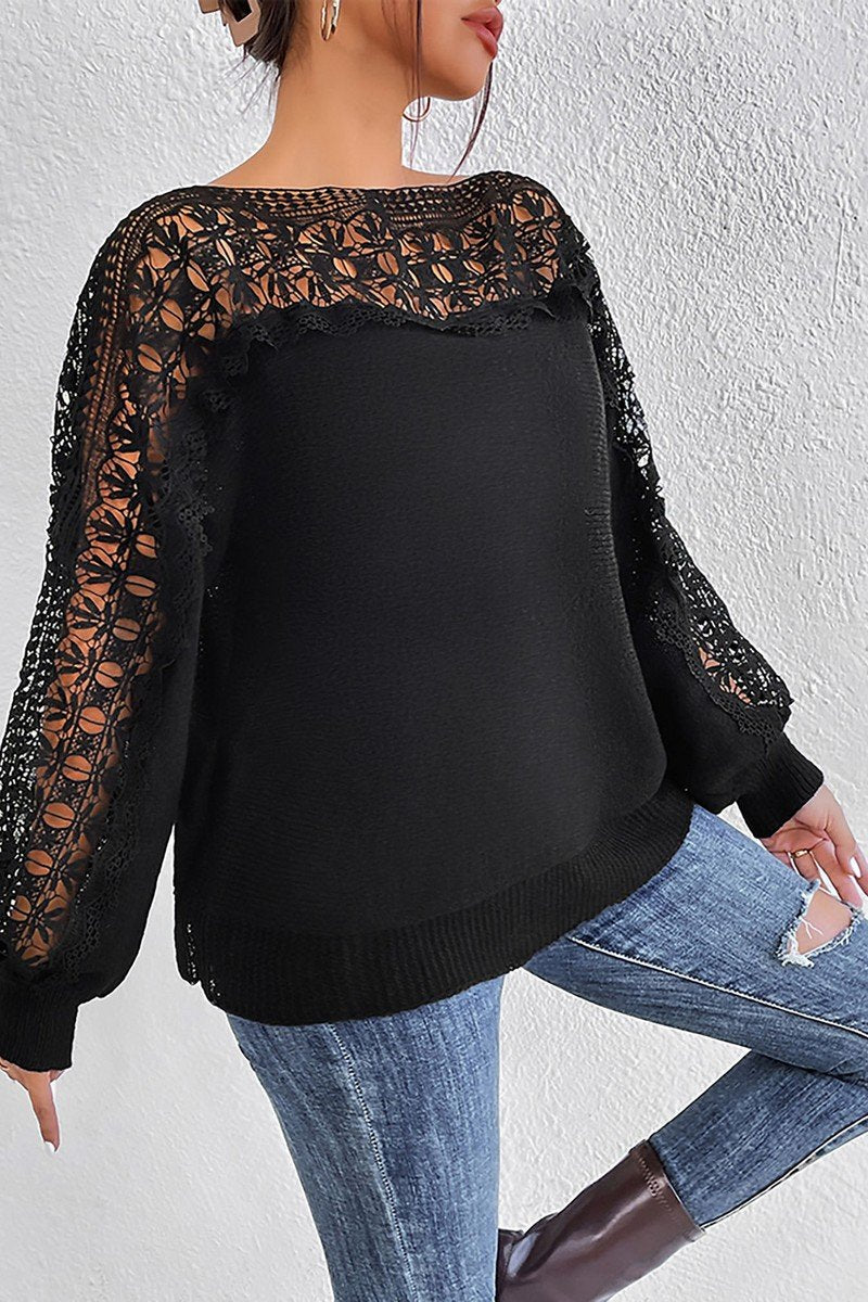 WOMEN ELEGANT LACE TRIM LONG SLEEVE SEXY T SHIRT