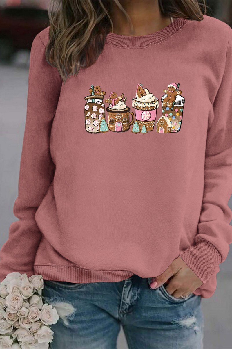 WOMEN CUTE PRINTING OVERSIZED RIBBED PULLOVER TOP