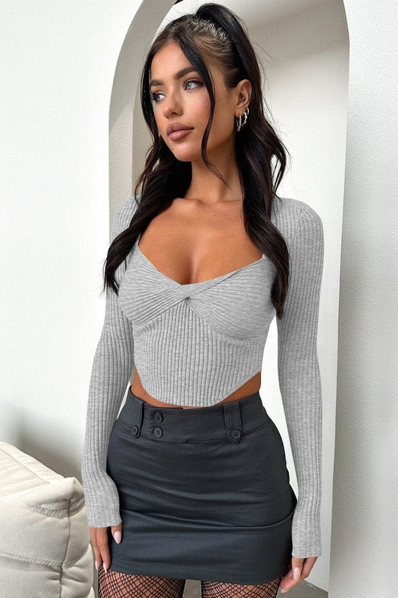 WOMEN SEXY DEEP NECK TIGHT LONG SLEEVE CROP TOP