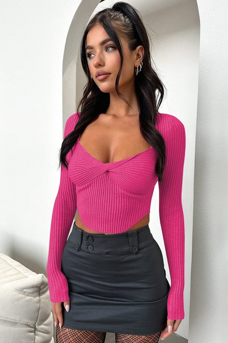 WOMEN SEXY DEEP NECK TIGHT LONG SLEEVE CROP TOP