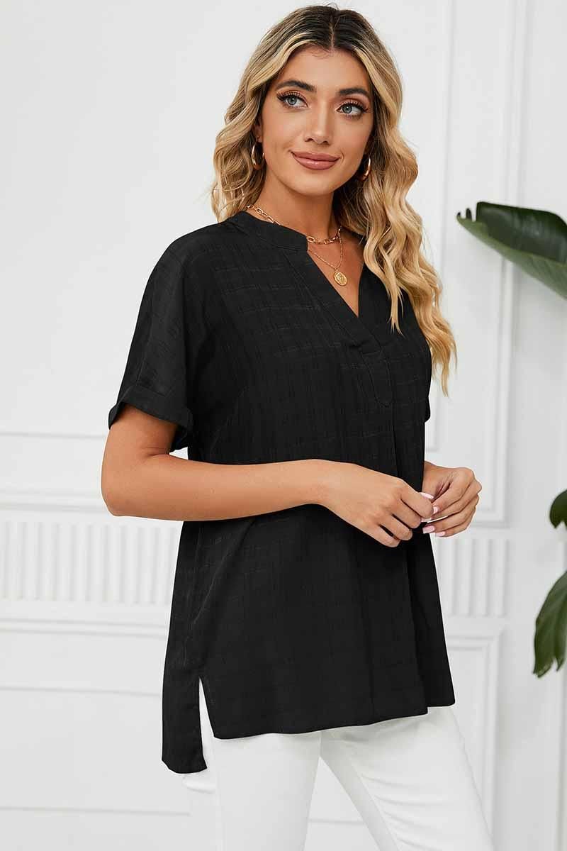 V NECK ROLL UP SHORT SLEEVES LOOSE FIT SHIRTS - Doublju