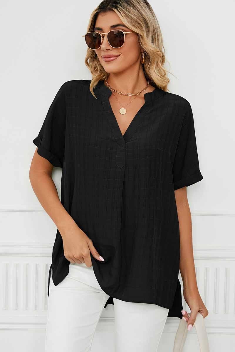 V NECK ROLL UP SHORT SLEEVES LOOSE FIT SHIRTS - Doublju