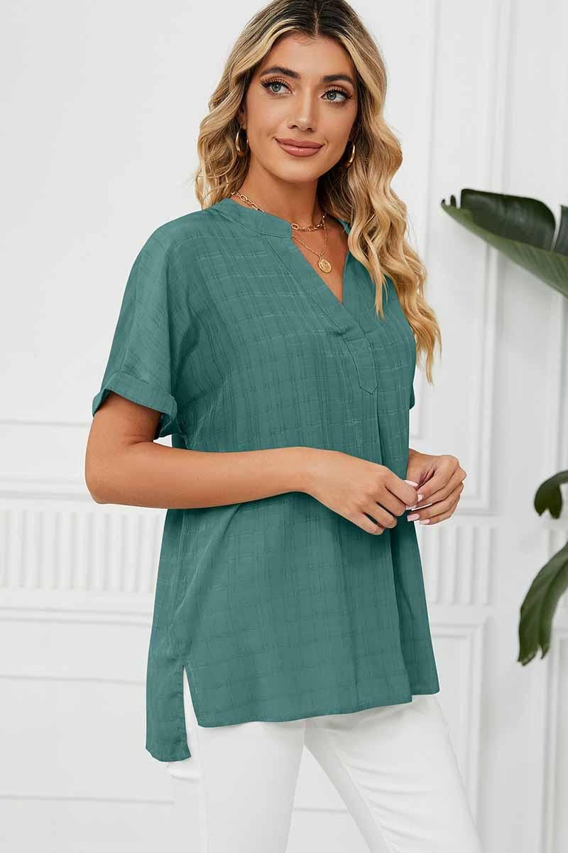 V NECK ROLL UP SHORT SLEEVES LOOSE FIT SHIRTS - Doublju