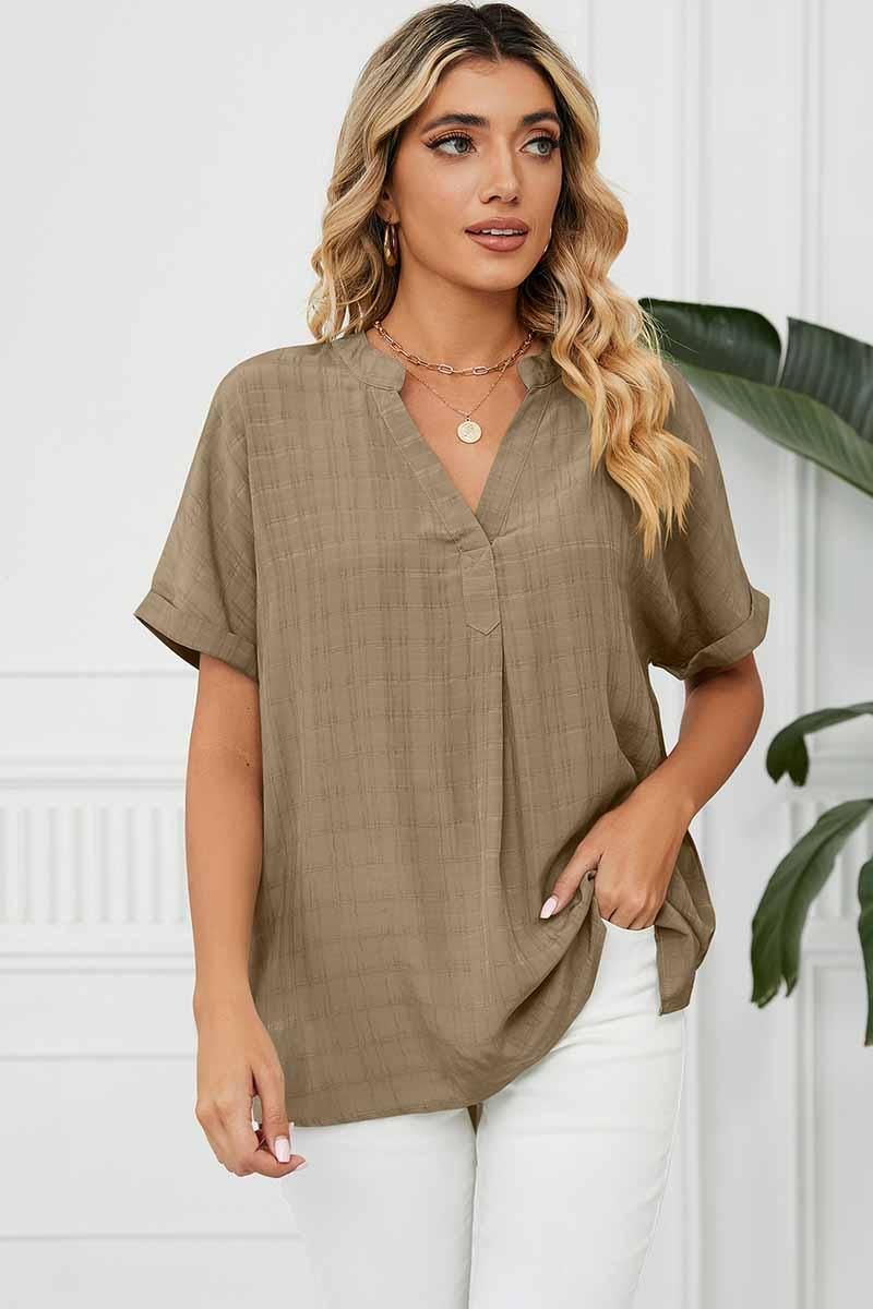 V NECK ROLL UP SHORT SLEEVES LOOSE FIT SHIRTS - Doublju