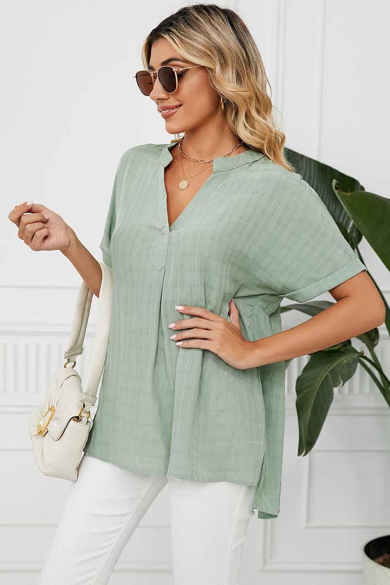 V NECK ROLL UP SHORT SLEEVES LOOSE FIT SHIRTS - Doublju