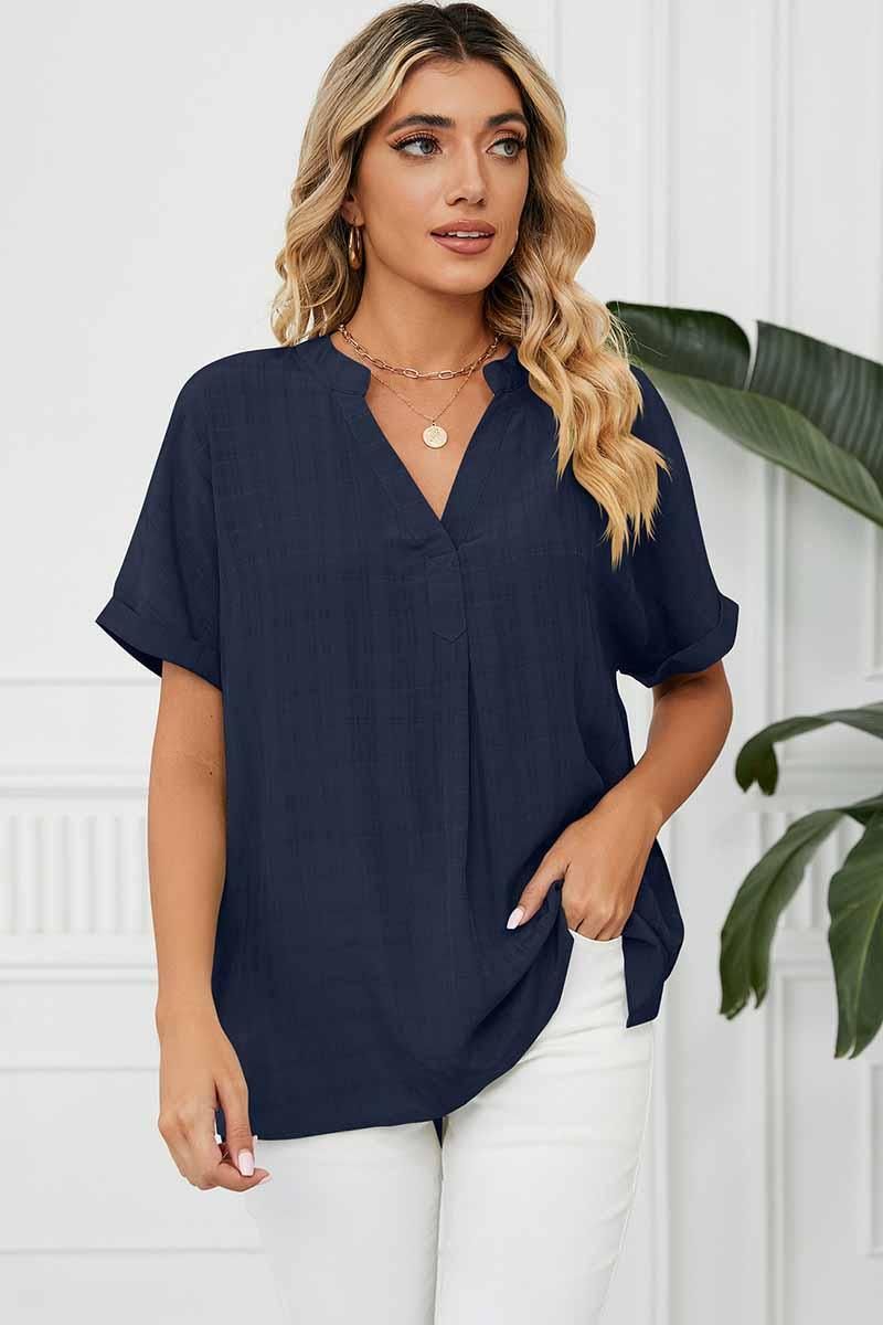 V NECK ROLL UP SHORT SLEEVES LOOSE FIT SHIRTS - Doublju