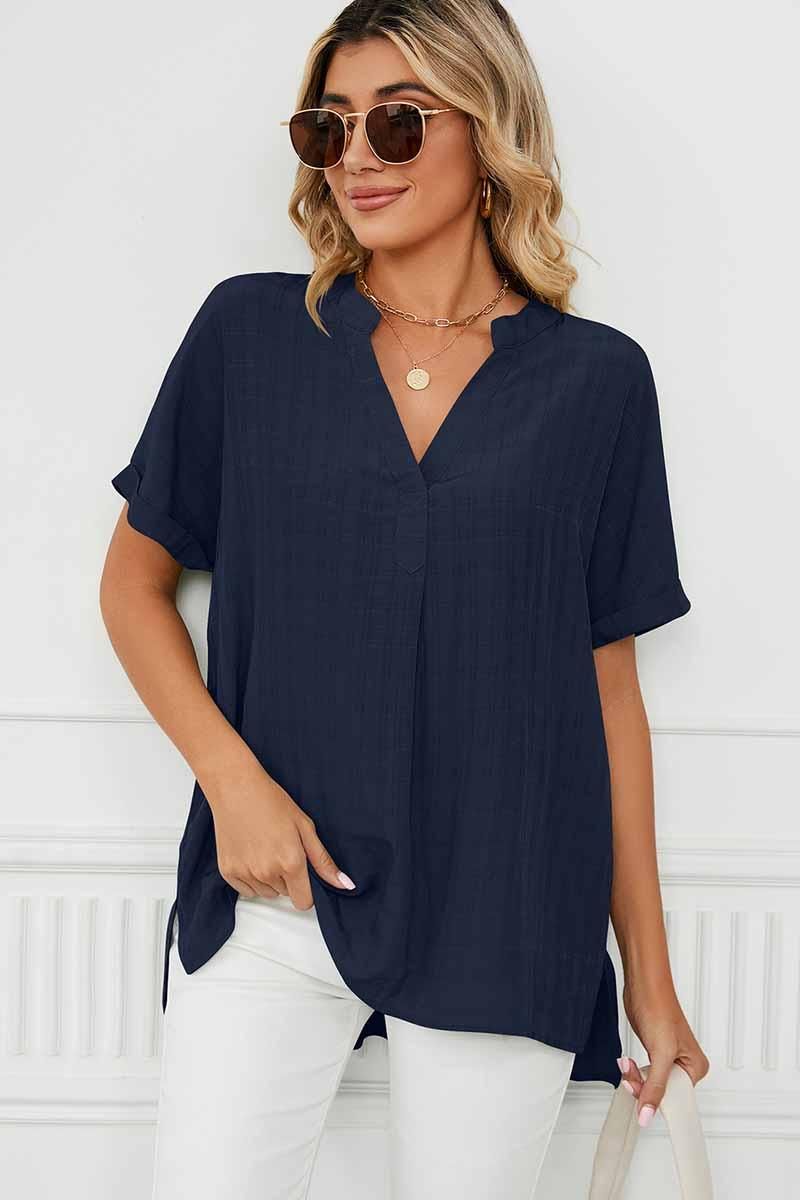 V NECK ROLL UP SHORT SLEEVES LOOSE FIT SHIRTS - Doublju