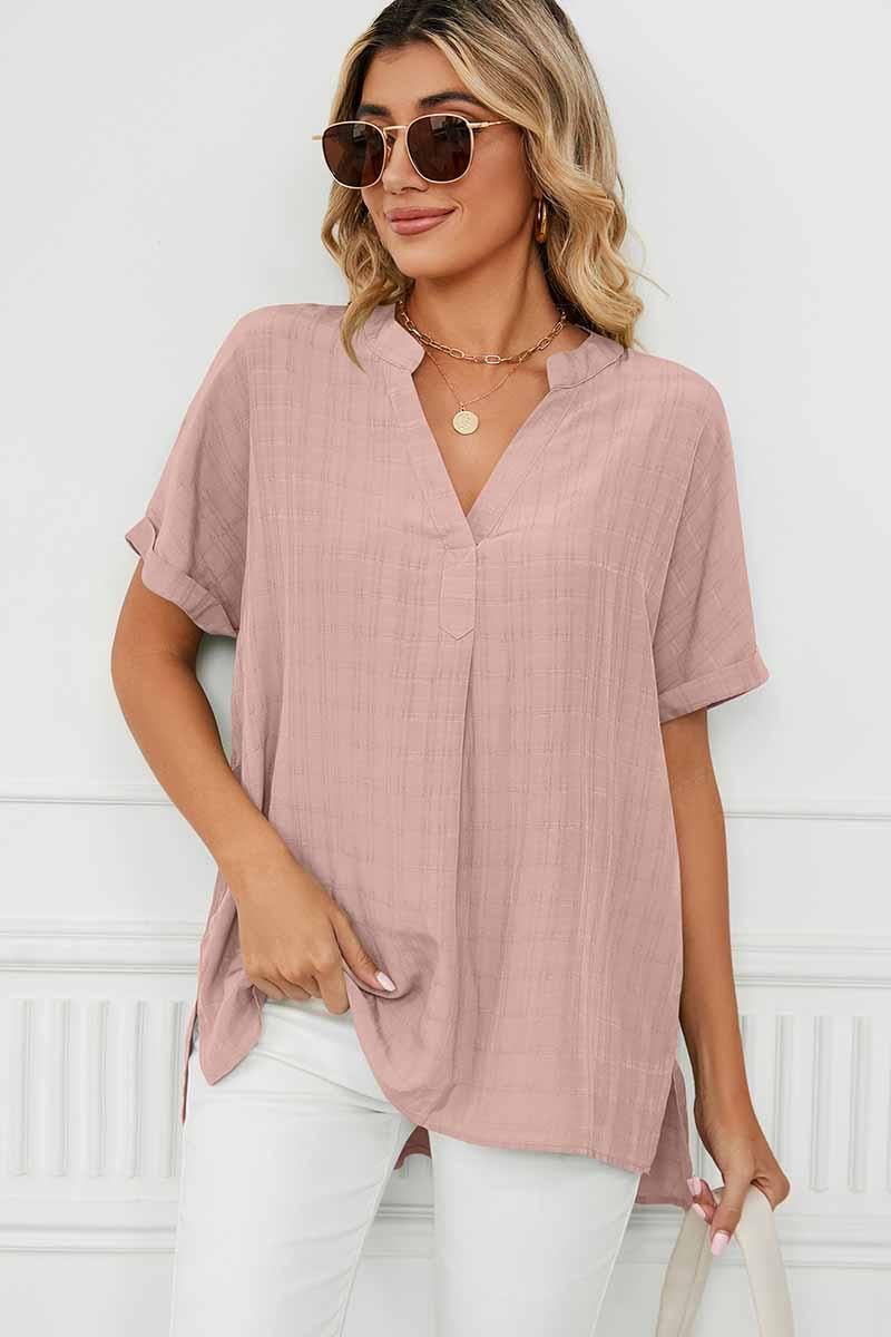 V NECK ROLL UP SHORT SLEEVES LOOSE FIT SHIRTS - Doublju