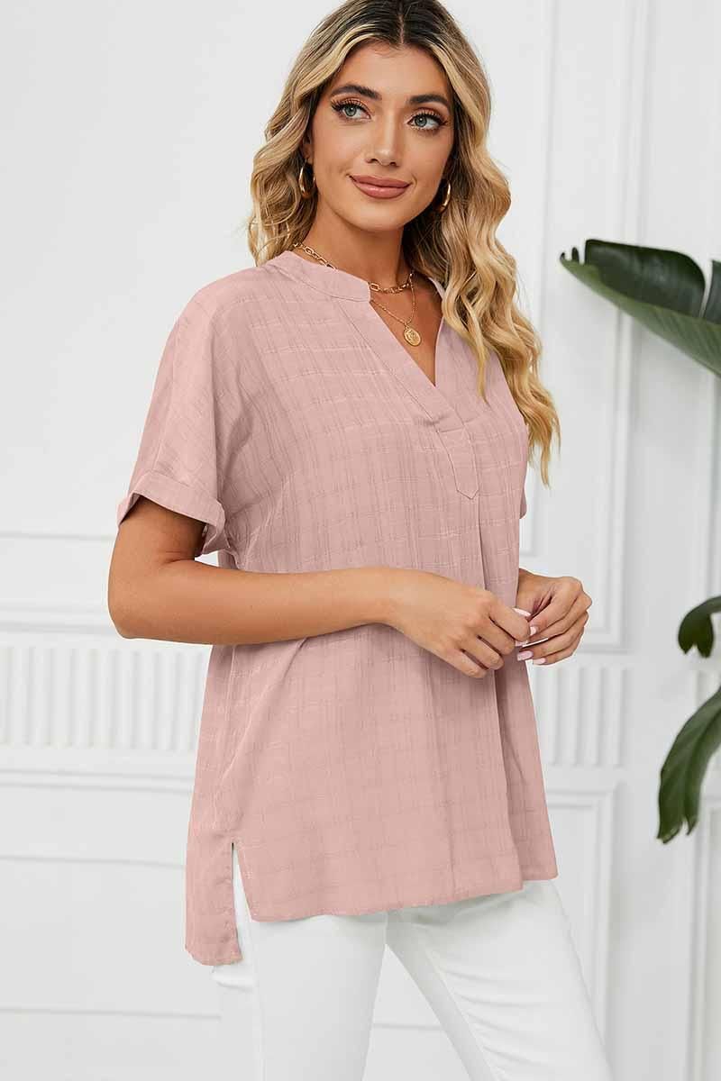 V NECK ROLL UP SHORT SLEEVES LOOSE FIT SHIRTS - Doublju