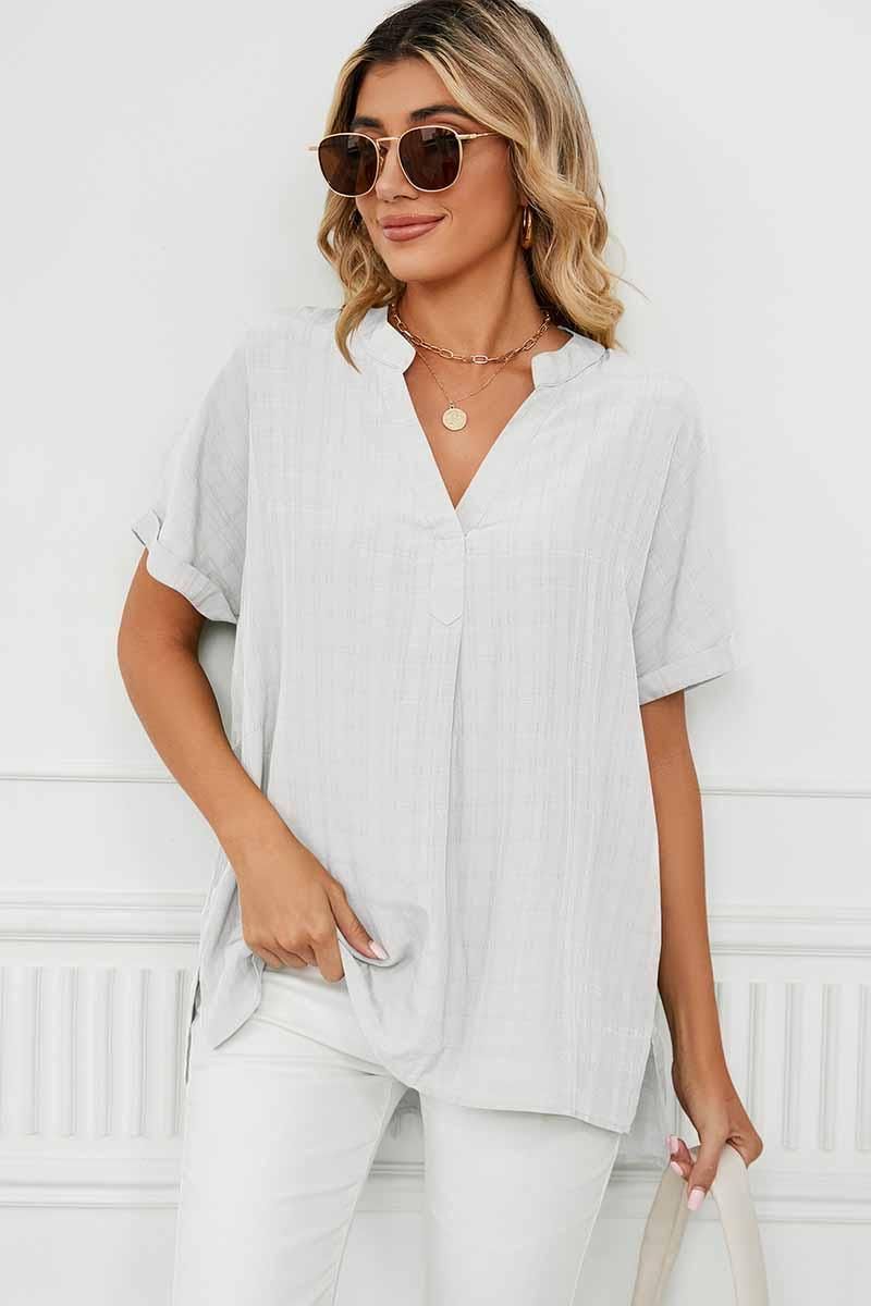 V NECK ROLL UP SHORT SLEEVES LOOSE FIT SHIRTS - Doublju