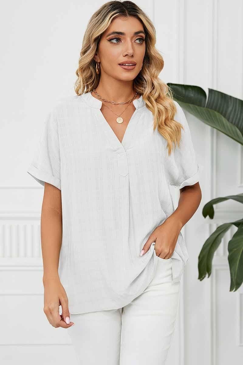 V NECK ROLL UP SHORT SLEEVES LOOSE FIT SHIRTS - Doublju