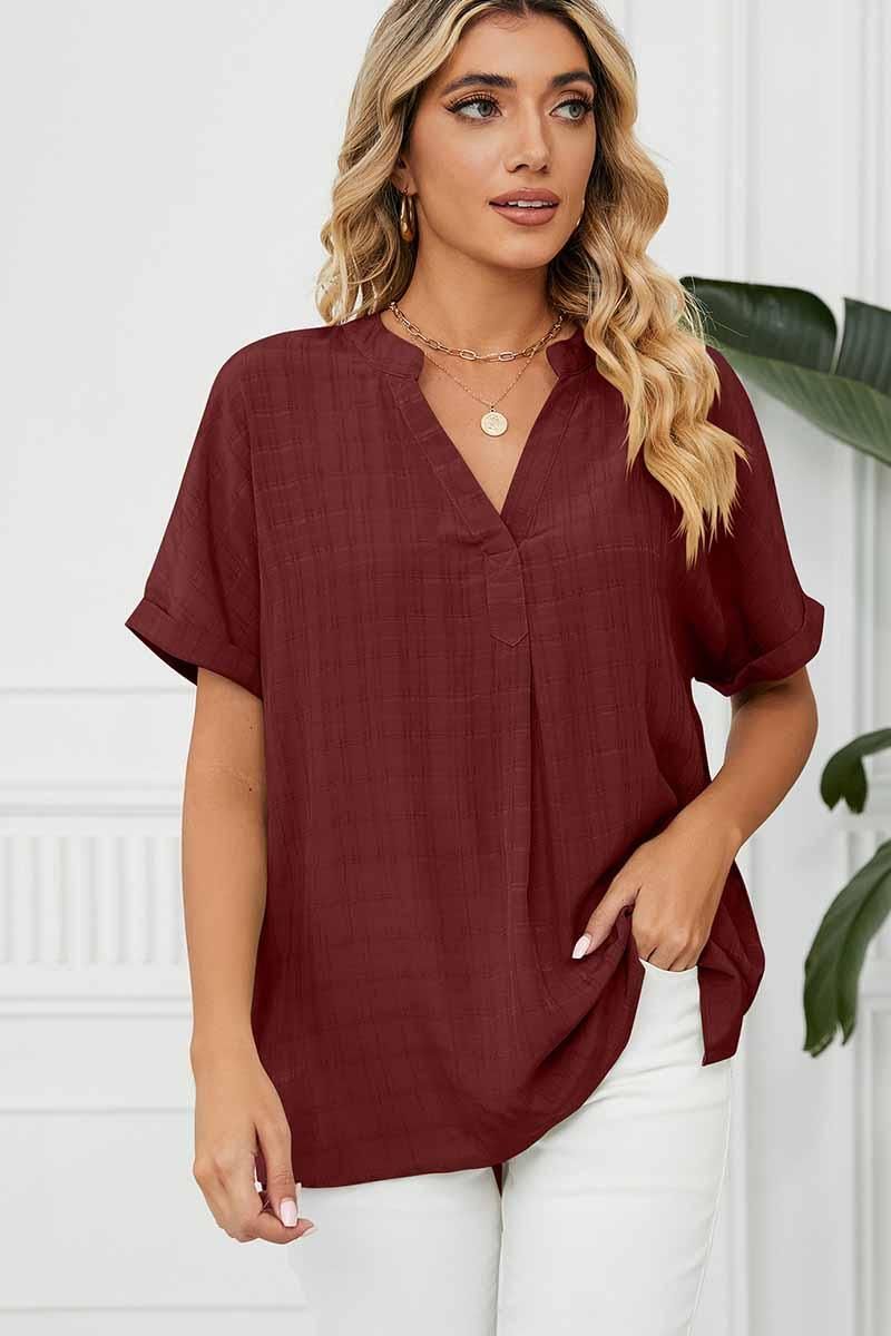 V NECK ROLL UP SHORT SLEEVES LOOSE FIT SHIRTS - Doublju