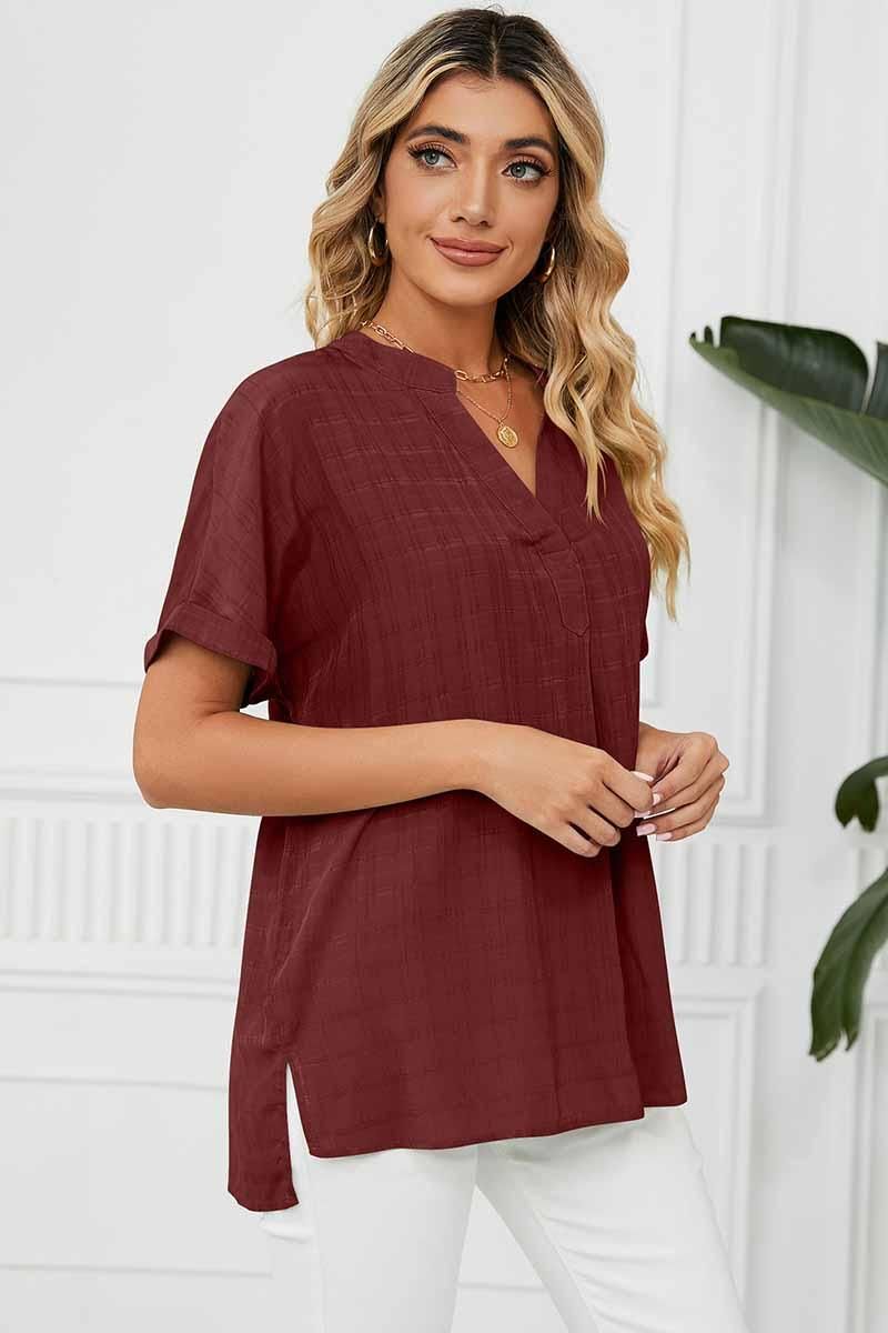 V NECK ROLL UP SHORT SLEEVES LOOSE FIT SHIRTS - Doublju