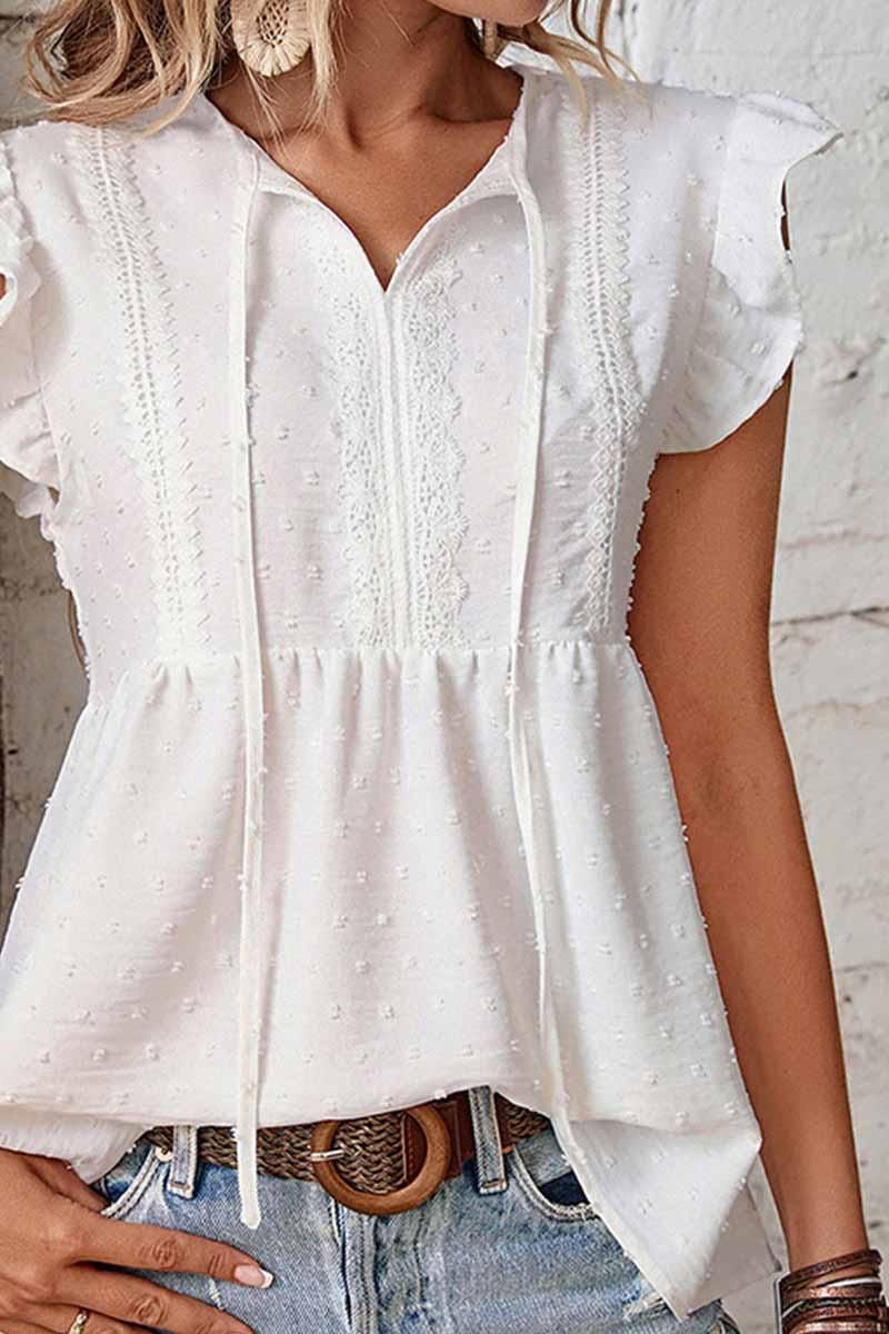 TIED NECK FLOUNCE SHORT SLEEVE CASUAL TOP - Doublju