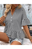 BUTTON NECK RUFFLE SLEEVE STRIPE TUNIC TOP - Doublju