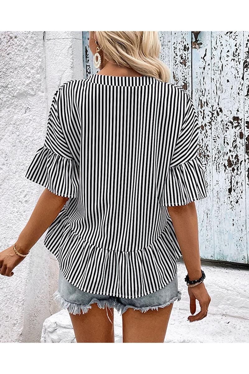 BUTTON NECK RUFFLE SLEEVE STRIPE TUNIC TOP - Doublju