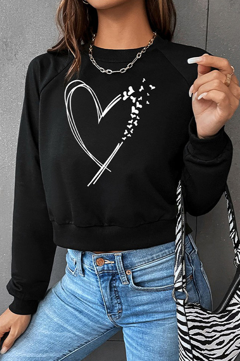 WOMEN HEART PRINTING LONG SLEEVE CROP PULLOVER