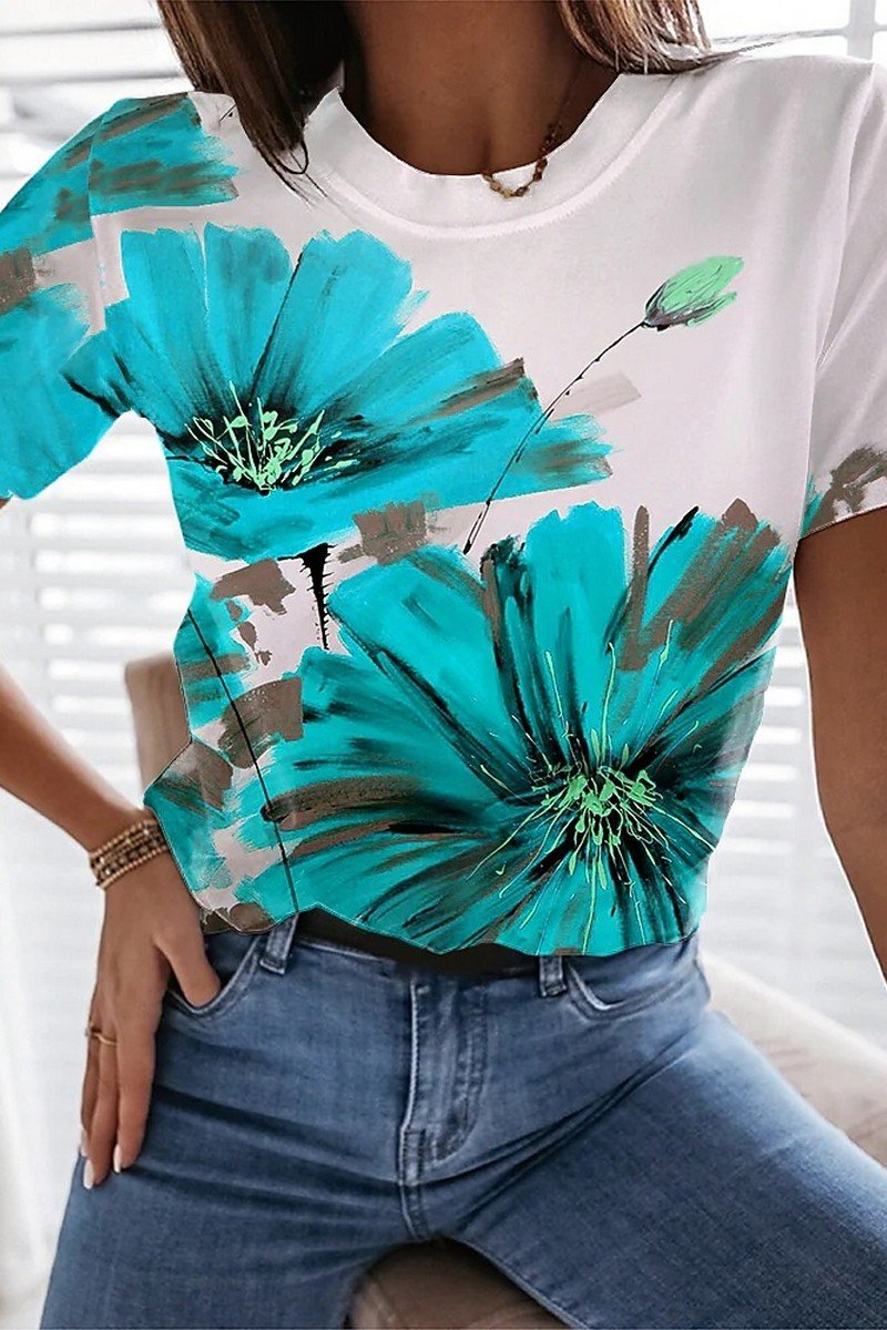 WOMEN FLORAL PRINTING DAILY SHORT SLEEVE T SHIRT