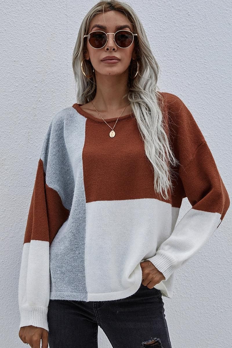 COLOR BLOCK ROUND NECK SWEATER TOP FOR WOMEN - Doublju