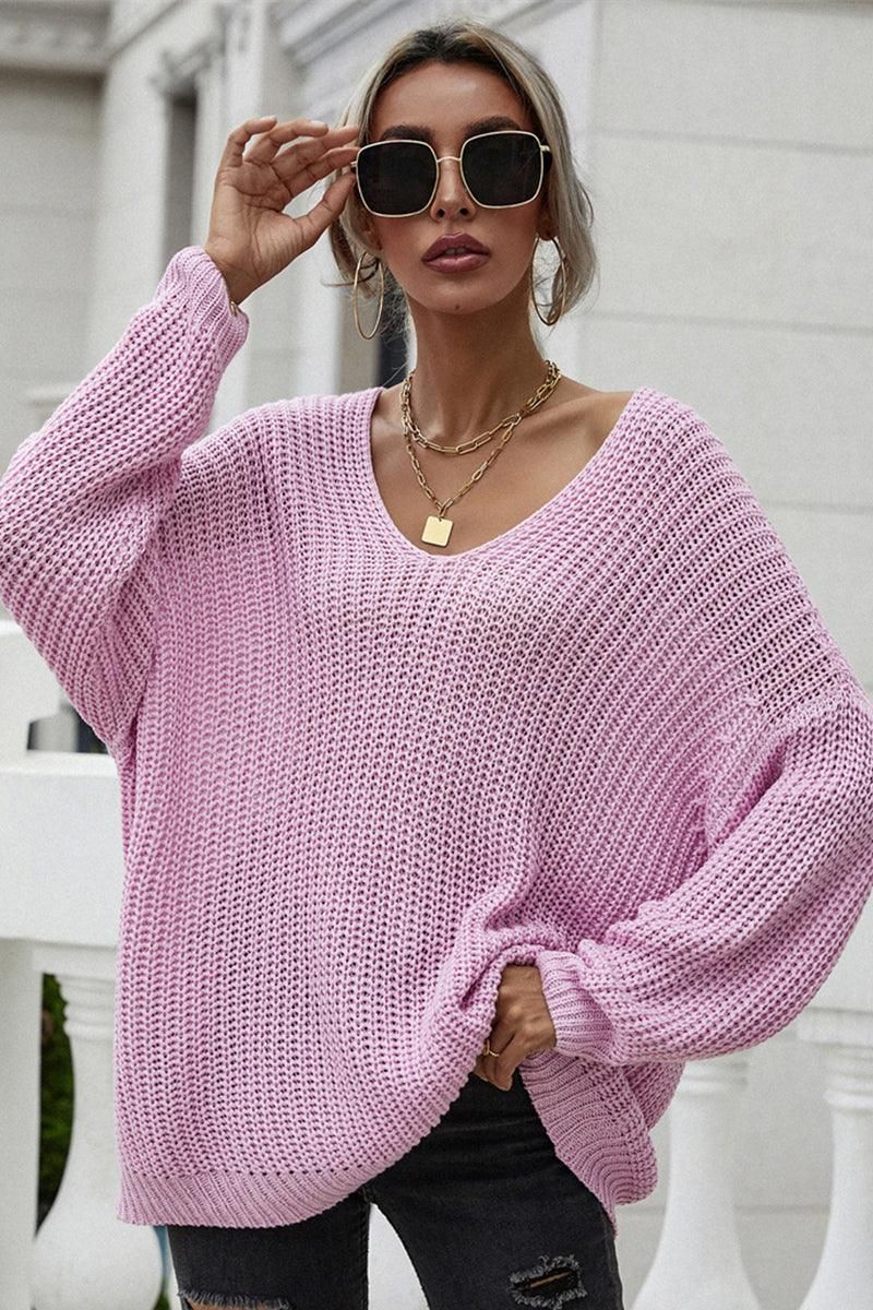 PULLOVER V NECK SOLID COLOR SWEATER - Doublju