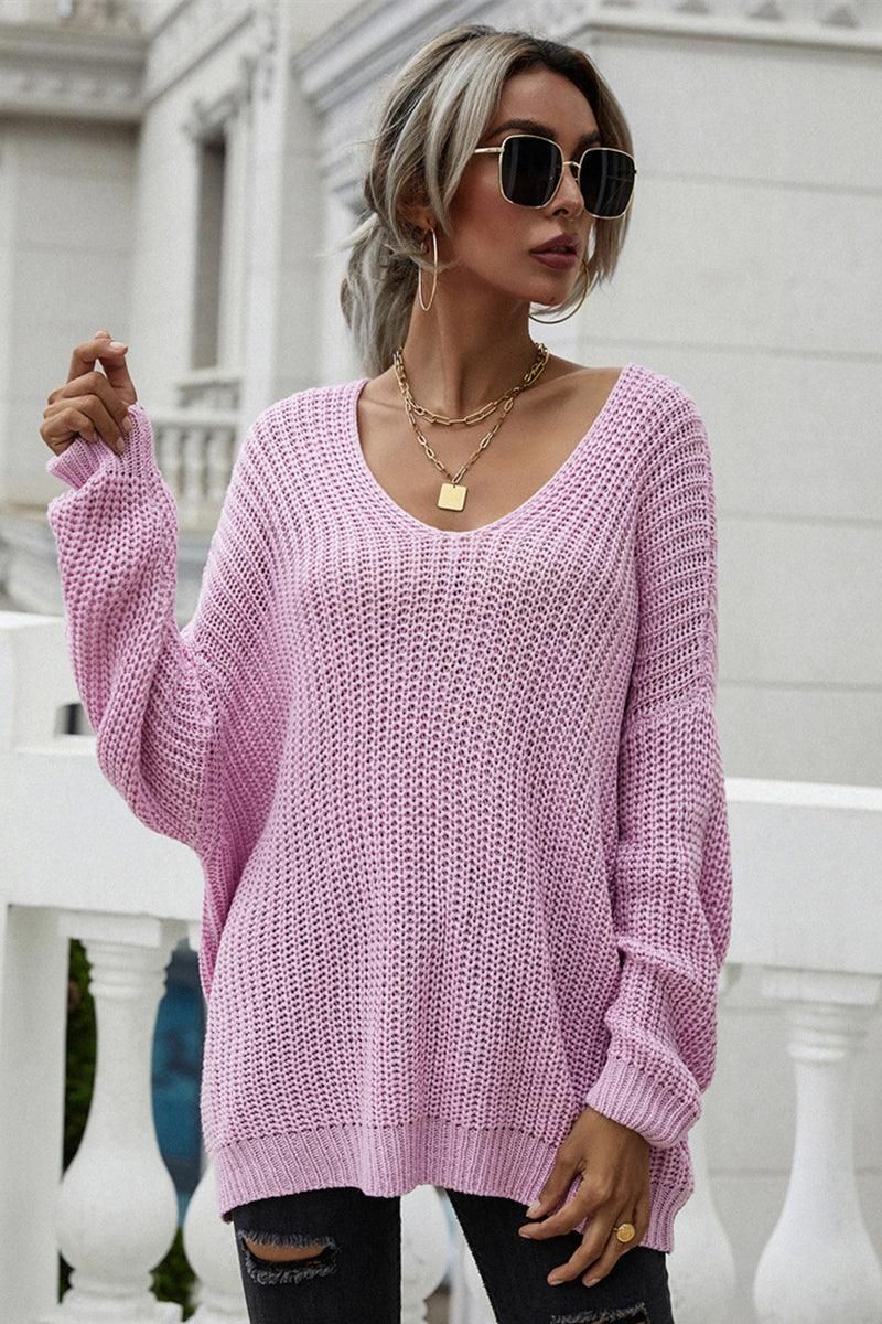 PULLOVER V NECK SOLID COLOR SWEATER - Doublju