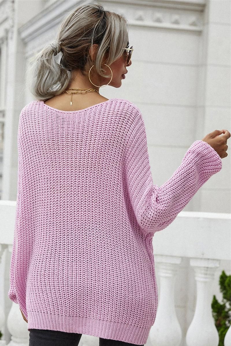 PULLOVER V NECK SOLID COLOR SWEATER - Doublju