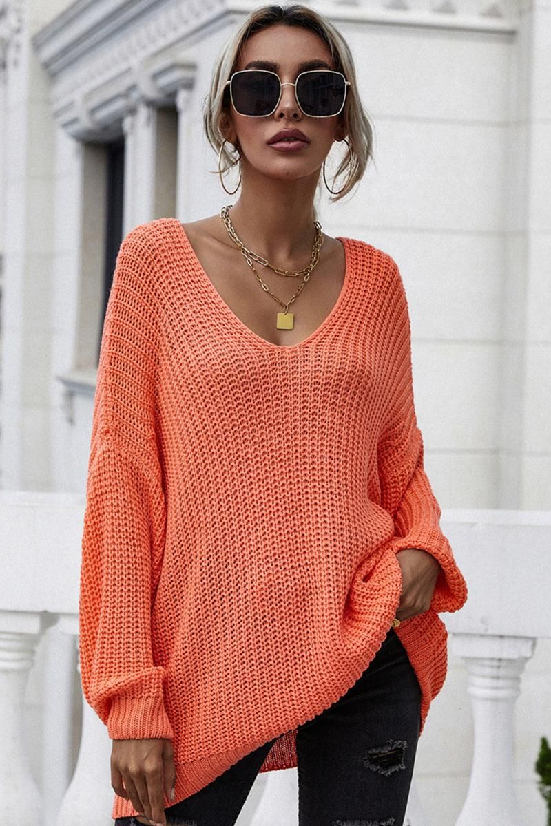 PULLOVER V NECK SOLID COLOR SWEATER - Doublju