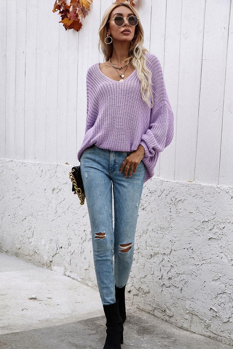 PULLOVER V NECK SOLID COLOR SWEATER - Doublju