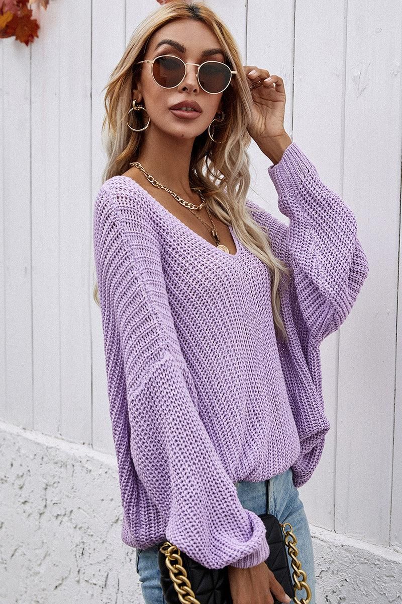 PULLOVER V NECK SOLID COLOR SWEATER - Doublju