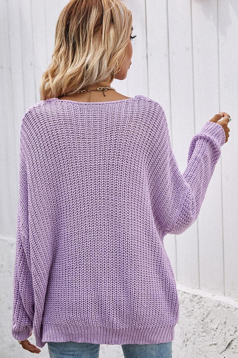 PULLOVER V NECK SOLID COLOR SWEATER - Doublju